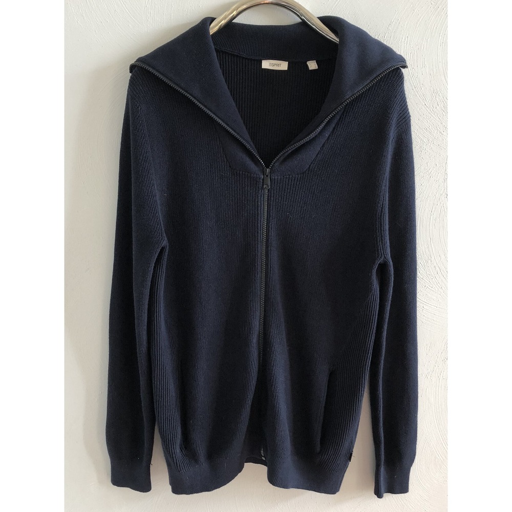 Esprit Cardigan Mens L Sweater Ribbed Knit Blue Zip Organic Cotton Preppy READ